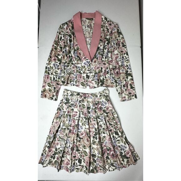 Rare Vintage Wrapper Bohemian 2 pcs Floral Print Suit Blazer Skirt Pink Trim SzS - Picture 8 of 16